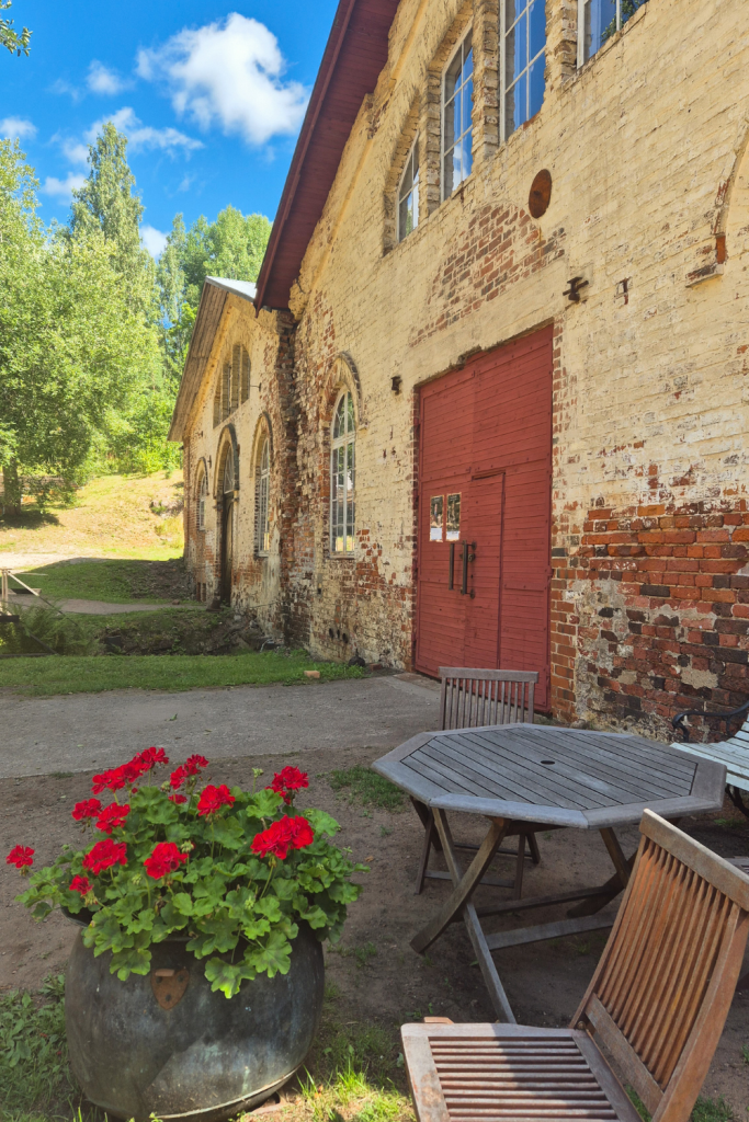 Historic building in Fiskars Village, Finland, showcasing artisan village charm.