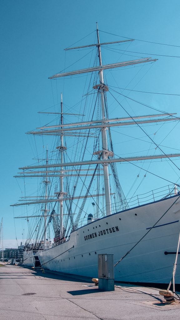 Suomen Joutsen tall ship in Turku, Finland on a bright summer day.