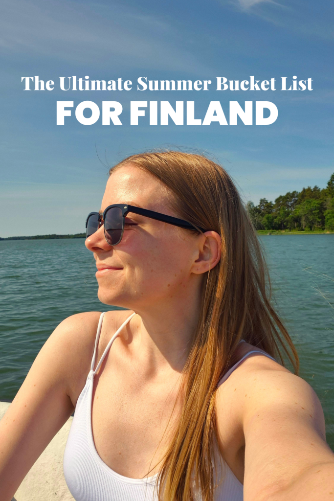 Close-up portrait of Finnish travel content creator Sofia, with ‘Ultimate Summer Bucket List Finland’ text overlay