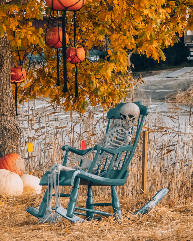 Skeleton decorations at a pumpkin patch in Salo, Finland, during autumn.