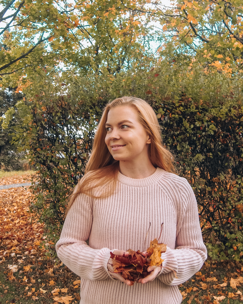 Person holding colorful autumn leaves in a Finnish forest.