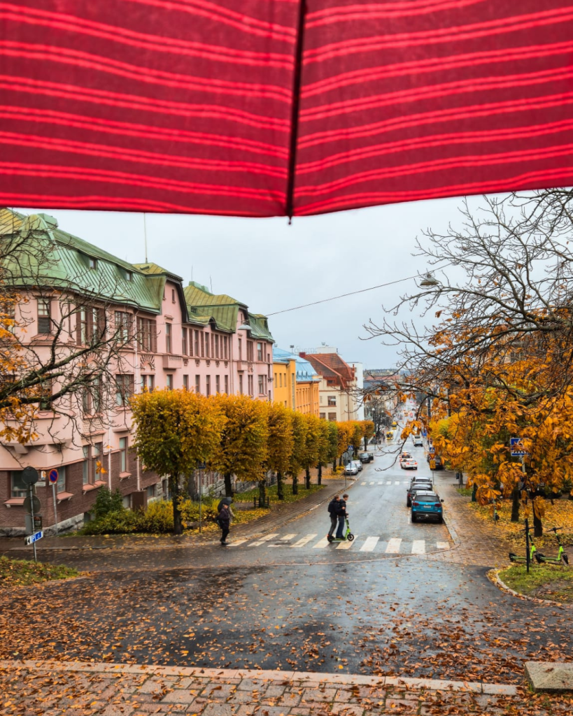 Autumn cityscape of Turku, Finland, with fall colors throughout the city.