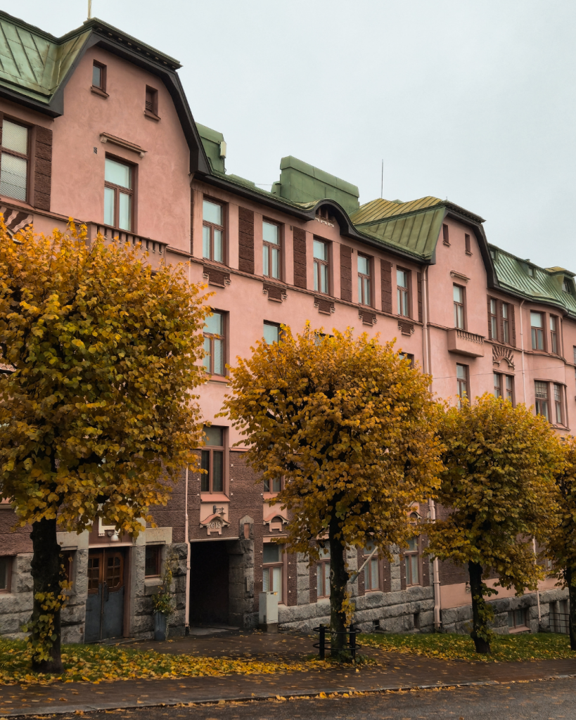 Turku city view with colorful autumn trees and historic buildings in Finland.
