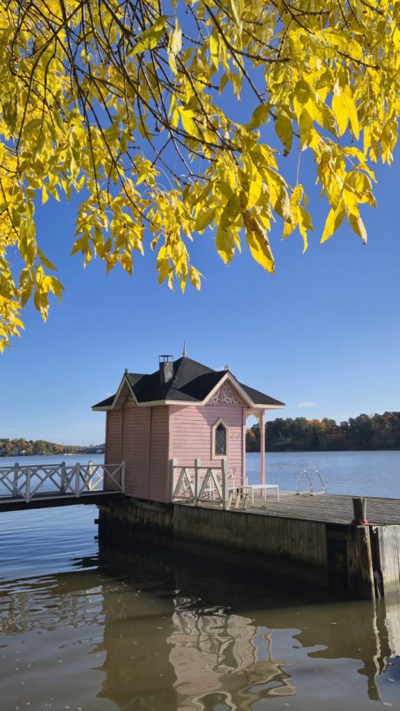 Scenic Ruissalo view by the sea with colorful yellow autumn leaves during a fall trip to Finland.