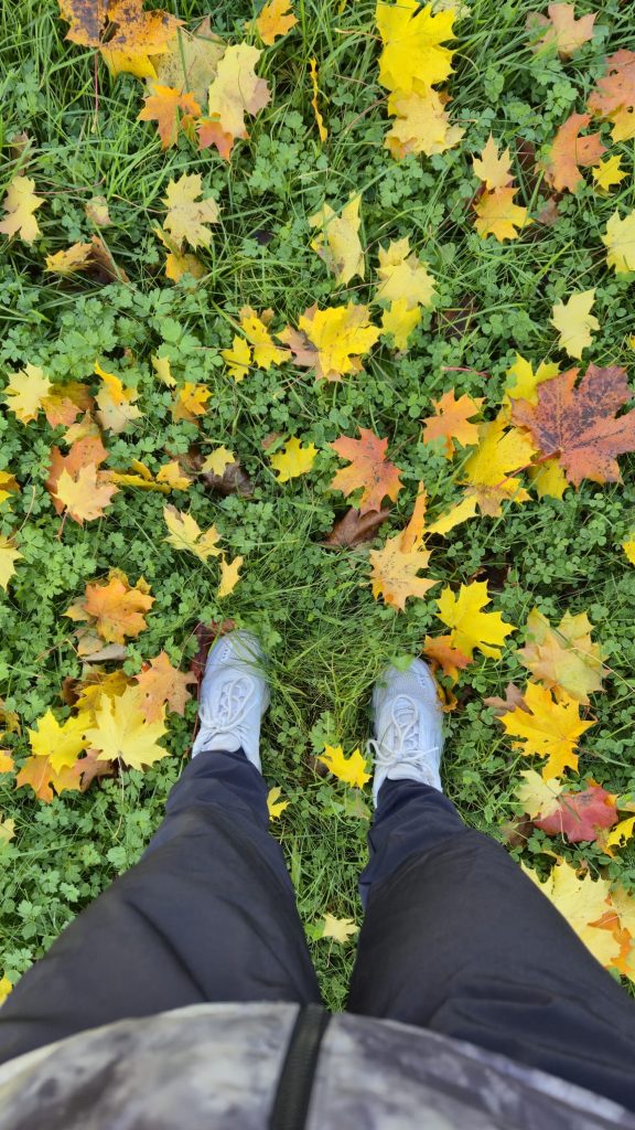 Standing on grass covered with colorful autumn leaves during a fall trip to Finland.