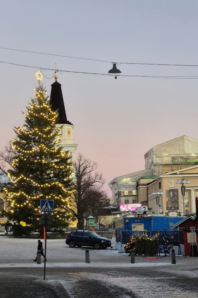 Holiday decorations and Christmas tree at Tampere Christmas Market, Finland.