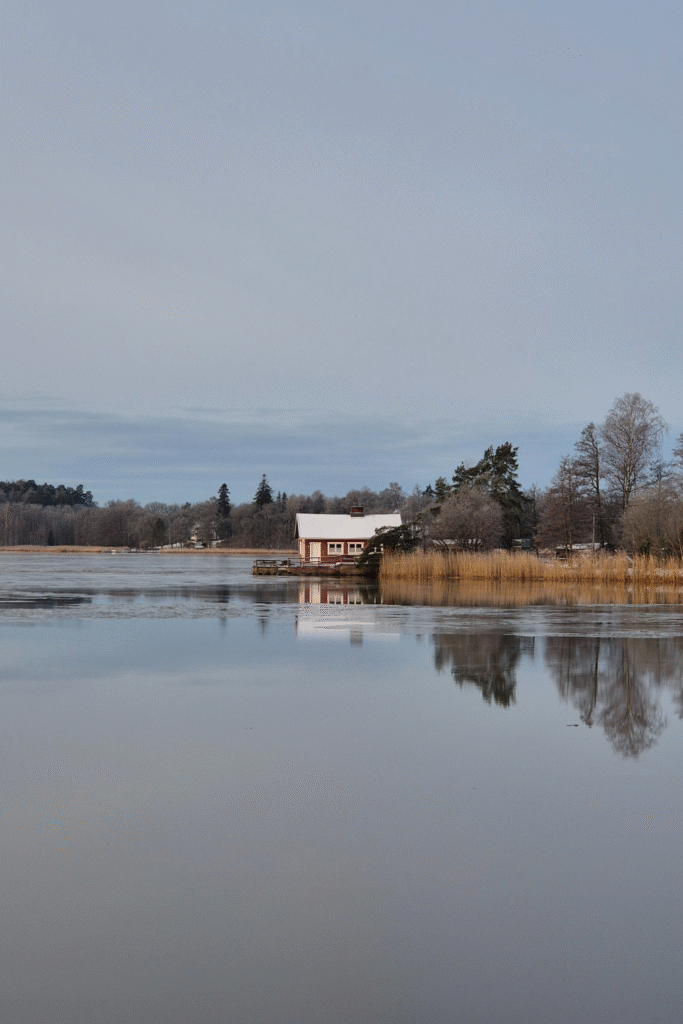 Winter landscape by the sea in Finland with a small cottage and snow-covered shore.