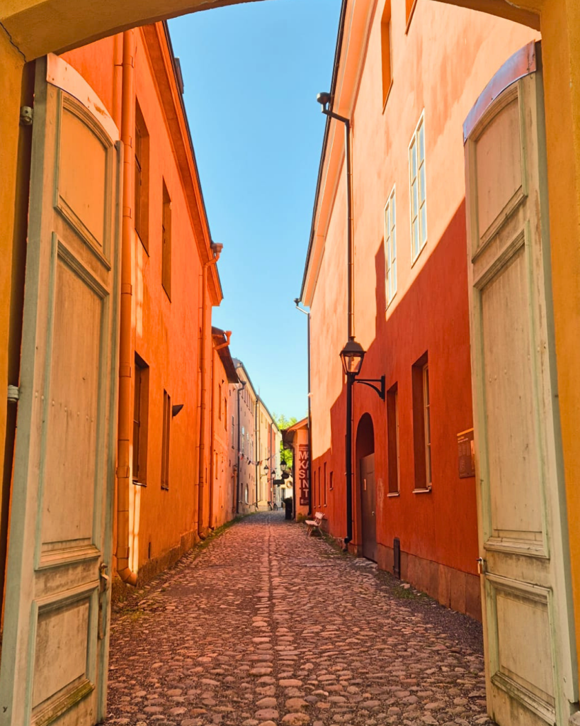 Picturesque Luostarin Välikatu, one of the most charming streets in Turku, Finland.