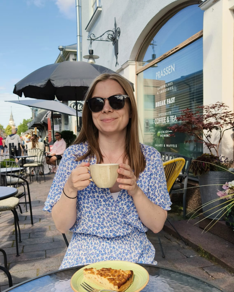 Enjoying a café in Old Rauma on a sunny summer day in Finland. 