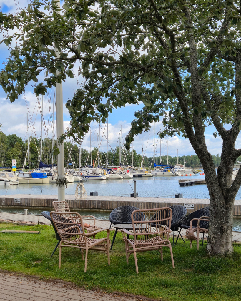 Nauvo harbour in Finland with boats and the sea.