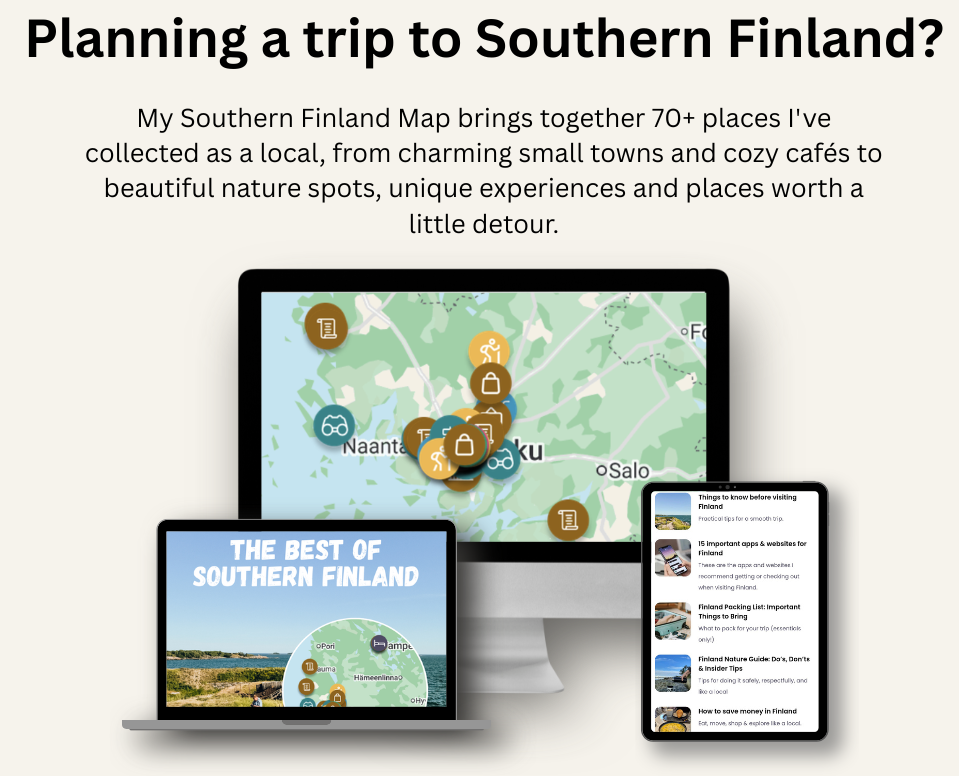 Southern Finland travel map by Hei from Finland featuring 70+ places 
to visit, including charming towns, cafés, nature spots, and local 
experiences.