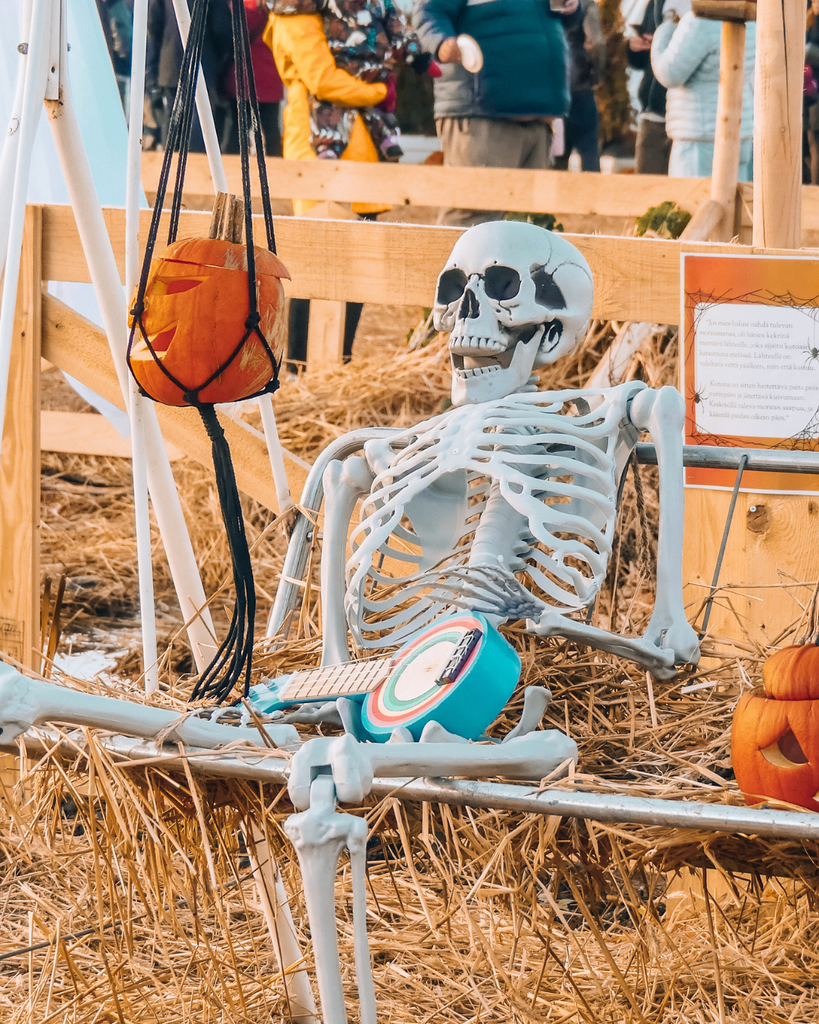 Skeleton Halloween decoration at Salo Pumpkin Park in Finland.