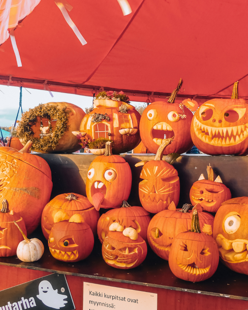 Line of pumpkins for sale at Salo Pumpkin Park in Finland, with pumpkins in different sizes and varieties.