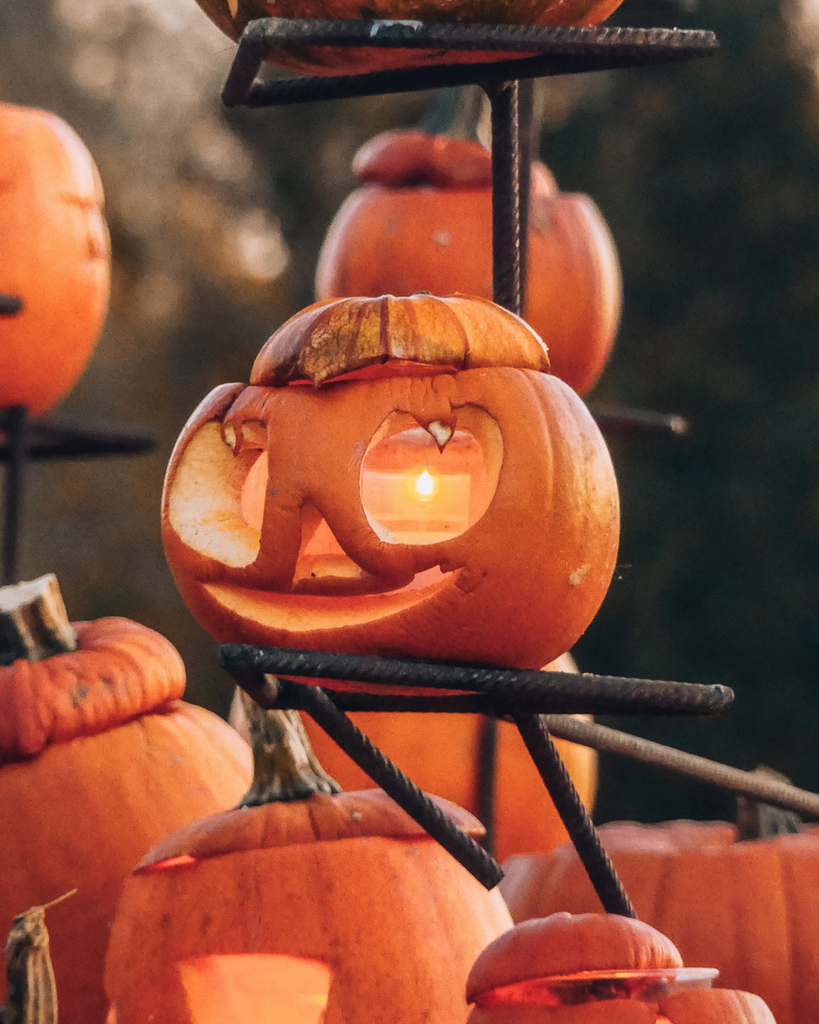Pumpkins glowing at night at Salo Pumpkin Park in Finland during Salo Pumpkin Weeks.