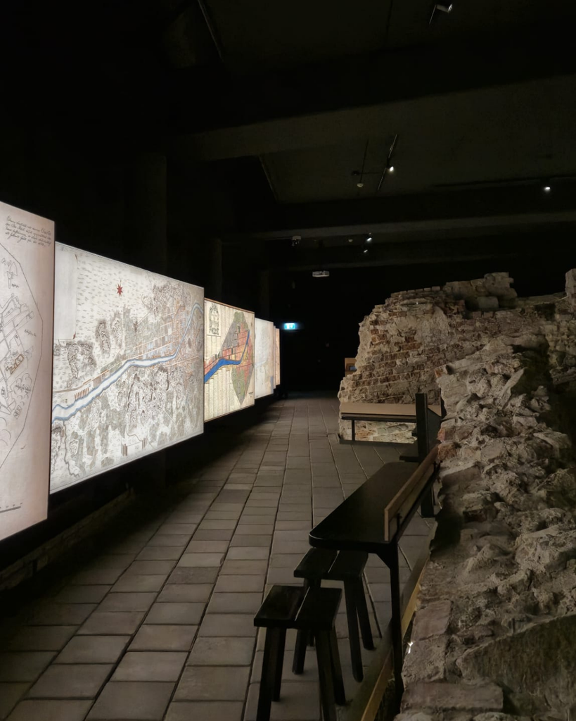 Medieval archaeological remains and historic stone foundations inside Aboa Vetus museum in Turku, Finland.