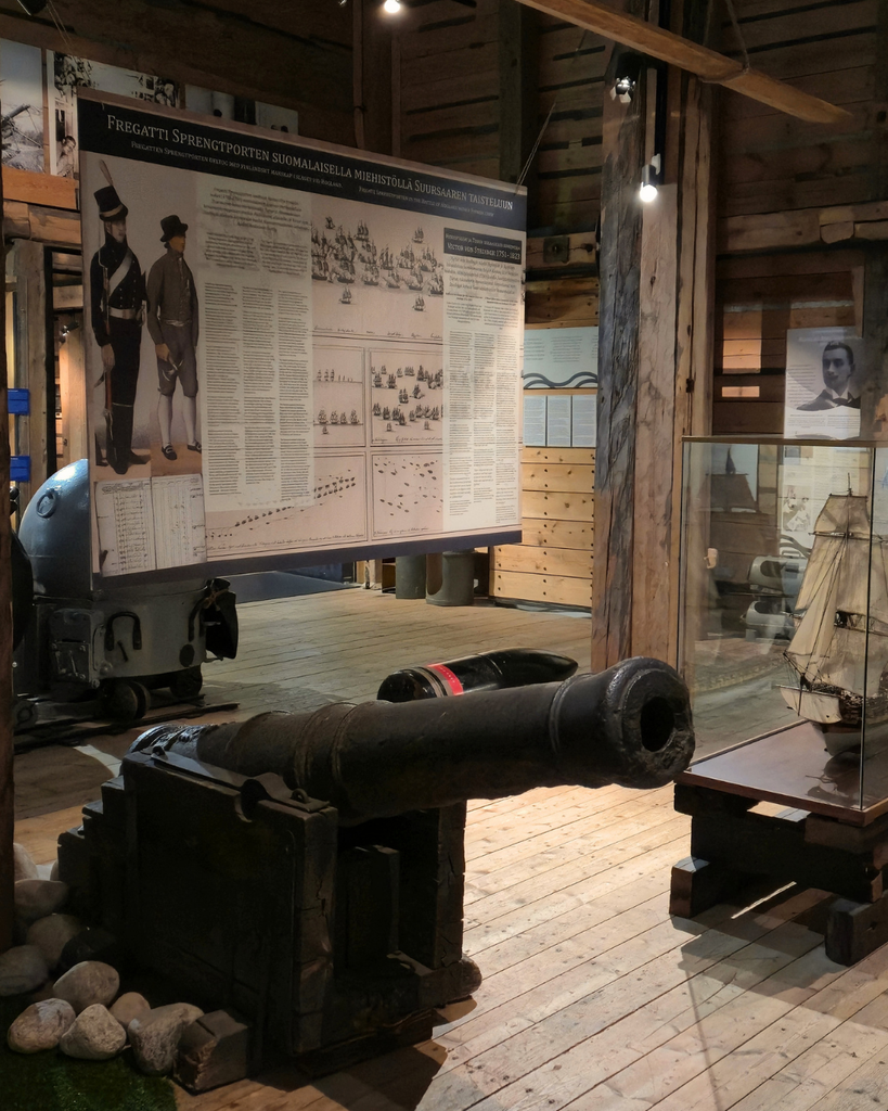 Naval cannon and maritime artifacts on display inside Forum Marinum maritime museum in Turku, Finland.