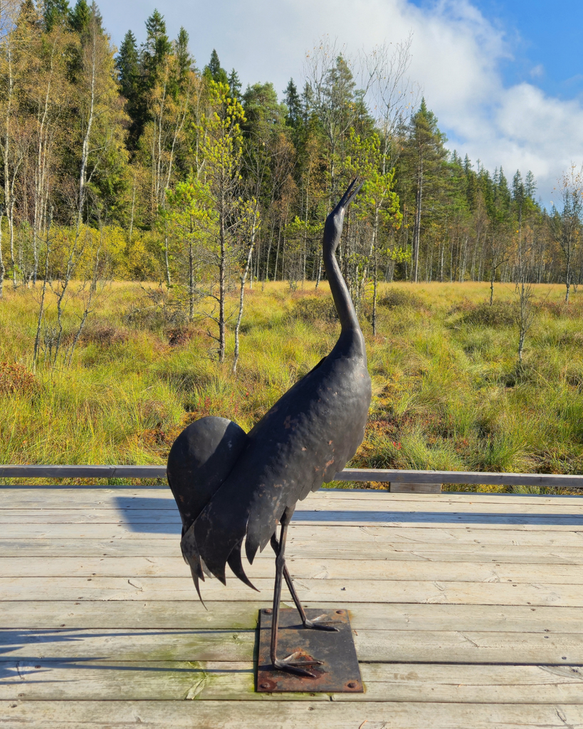 Bird statue near the Savojärvi Trail in Kurjenrahka National Park, Finland.