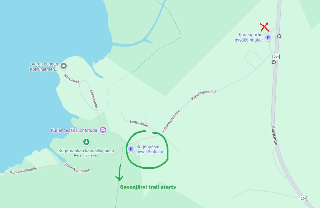 Map of Kurjenrahka National Park showing parking areas and hiking trail starting points.