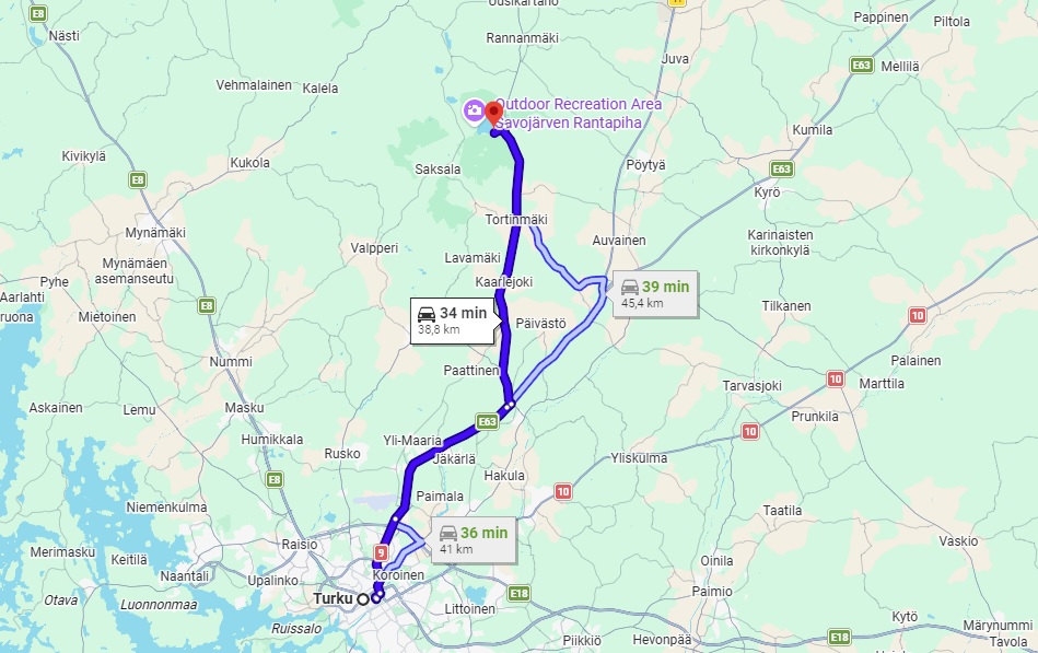 Map showing how to get to Kurjenrahka National Park from Turku, Finland.